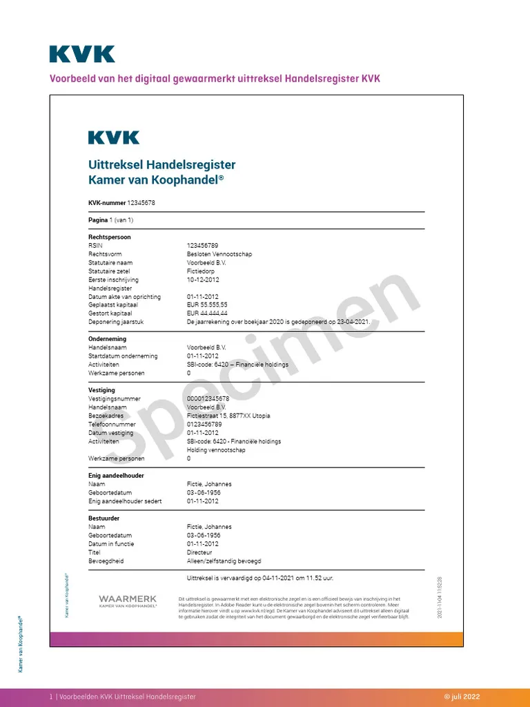 Voorbeeld van een gewaarmerkt KVK-uittreksel uit het Handelsregister